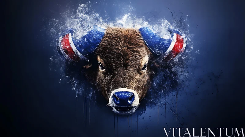 Buffalo portrait explodes with patriotic tricolor energy.