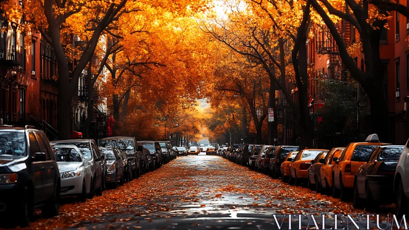 Golden autumn city street glows under a canopy of warm leaves