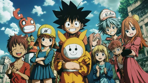 Anime ensemble portrait with central mascot figure in ruins.