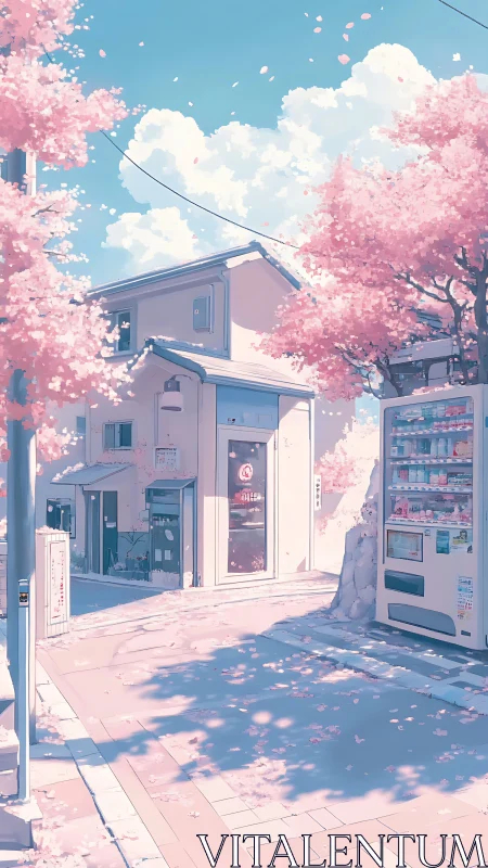 Soft-lit sakura-lined Japanese street rendered in pastel anime