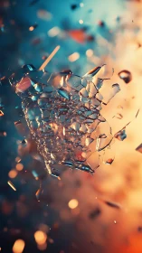 Shattered glass mesh fragments suspended in bokeh-lit depth field