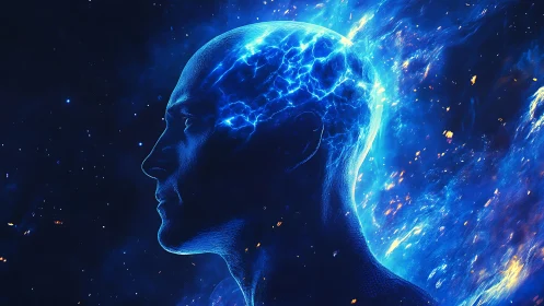 Electric blue human silhouette with cosmic neural energy.
