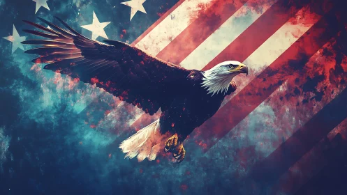 Soaring bald eagle crosses a weathered American flag sky.