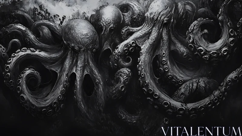 Monochrome abyssal octopus swarm coils through darkness.