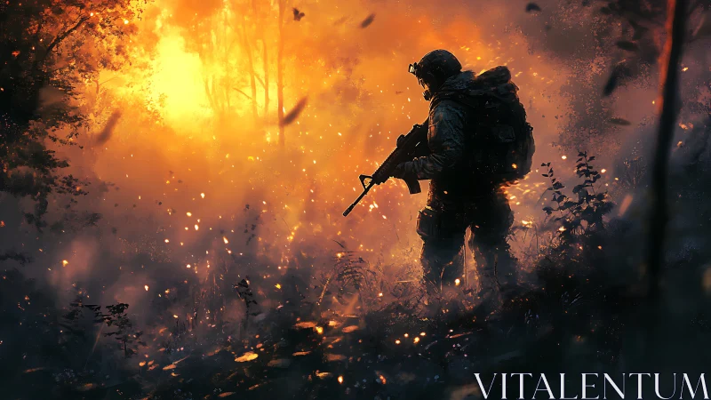 Inferno Guardian: Soldier Emerges Through Apocalyptic Flames.