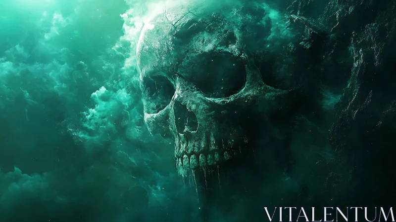 Gigantic spectral skull emerges from turbulent emerald mist