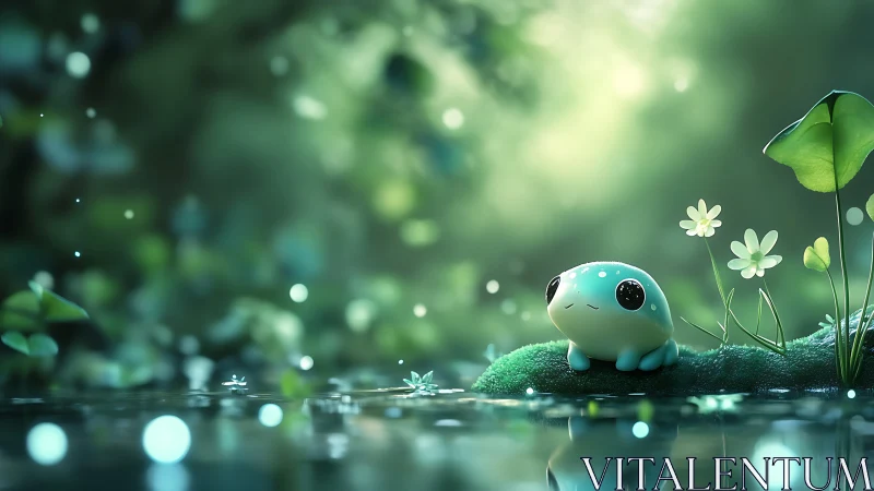 Bioluminescent pond scene with chibi frog on mossy islet