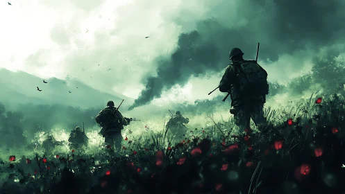 Soldiers advance through misty battlefield with distant smoke