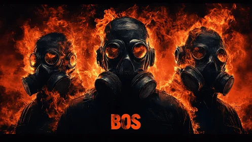 Triptych of gas-masked figures engulfed in cinematic flames.