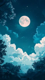 Full moon glows above dreamy cloudscape in serene night sky