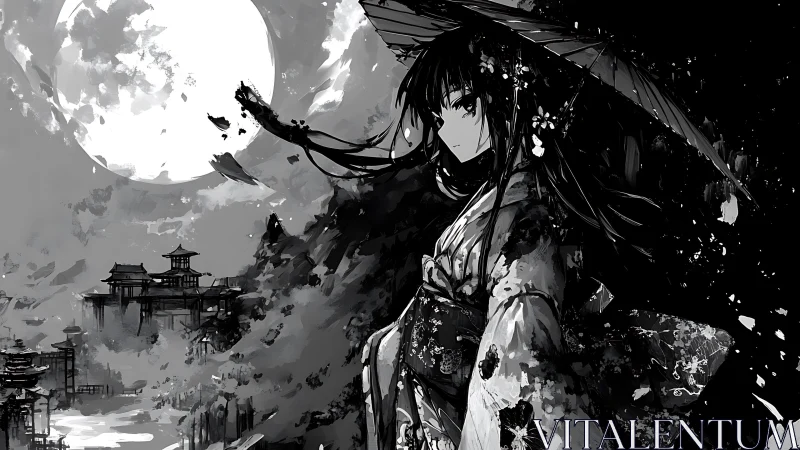 Moonlit kimono girl wandering through ink-washed dreams.
