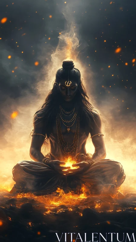 Flame crowned yogi distills quiet thunder from molten stillness