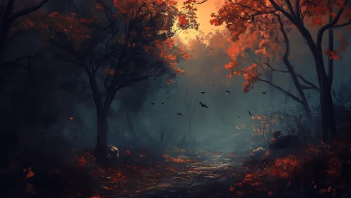 Autumn Forest Path Under Misty Golden Light.