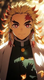 Flame-eyed swordsman glows amid drifting autumn embers.