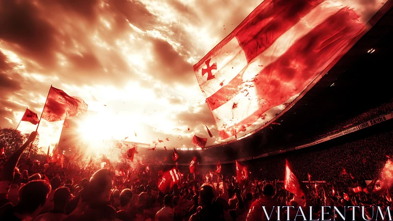 Crowded stadium crowd under large red flag at sunset.