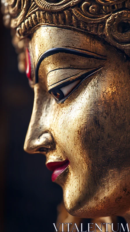 Photorealistic close-up of gilded devotional sculpture profile.
