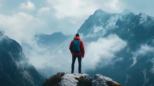 Solitary hiker overlooking misty alpine peaks in winter.