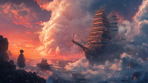 Sky harbor ship sails through burning cloud horizon.