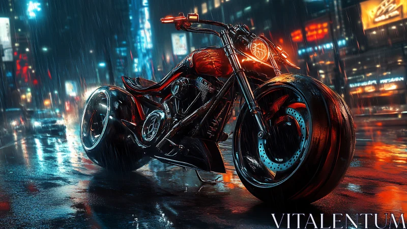 Neon cyberpunk motorcycle burns through slick city rain.