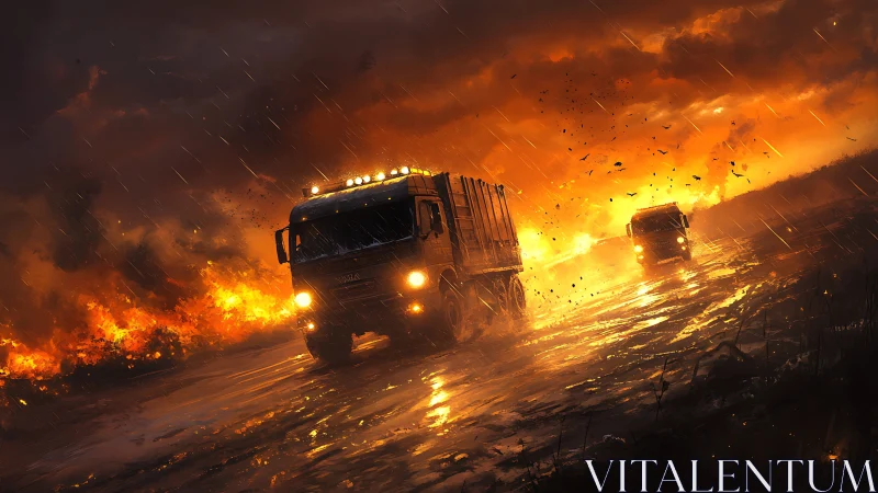 Trucks Racing Through Apocalyptic Inferno.