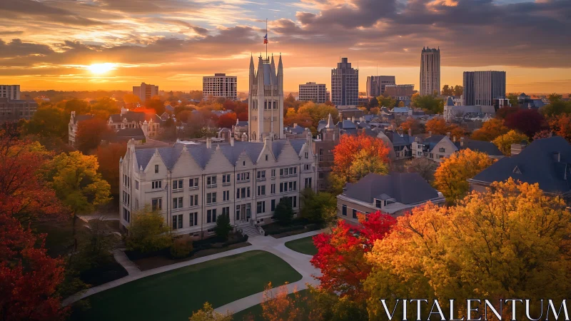 Gothic academic complex in autumnal aerial cityscape at sunset