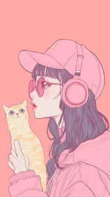 Monochrome pink girl with cat in minimalist vector style.