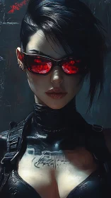 Cyberpunk enforcer with reflective red visor glare.