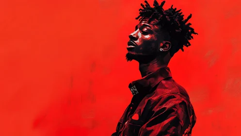 Bold red portrait captures quiet confidence in profile view