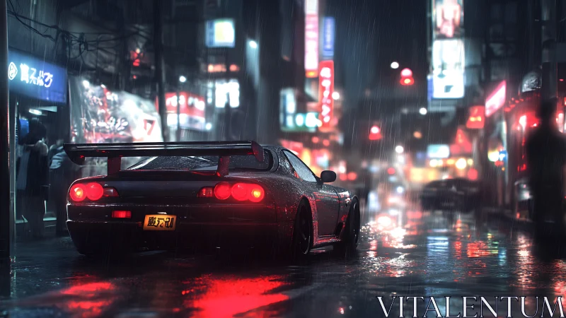 Neon rainstorm street racer idles in electric midnight city.