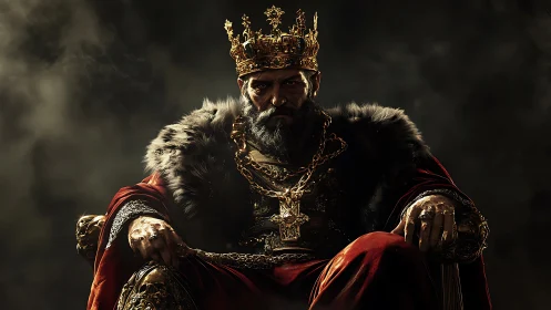 Regal ruler sits in shadowed throne room wrapped in heavy power