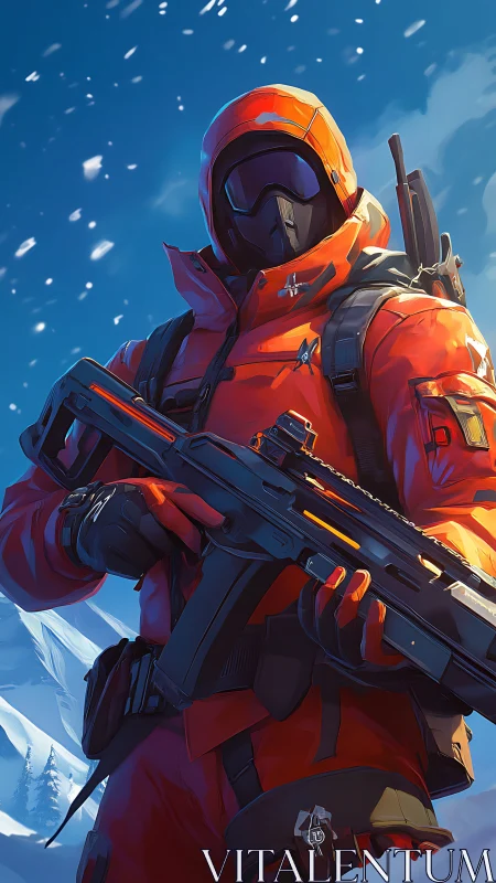Arctic Commando in Tactical Red Armor Against Snowy Sky