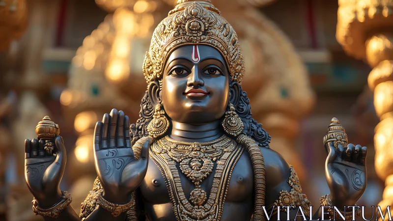 Divine Hindu deity statue in warm golden temple light.