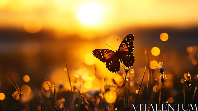 Delicate Butterfly in Golden Sunset Field, Dreamy Nature Photography.