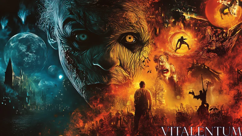 Fiery nightmare landscape collides with eerie moonlit terror