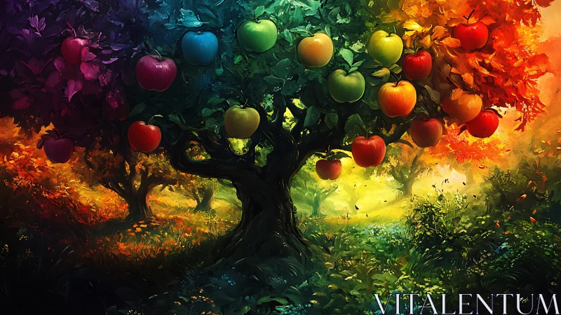 Tree displays multicolored apples across a vivid gradient grove