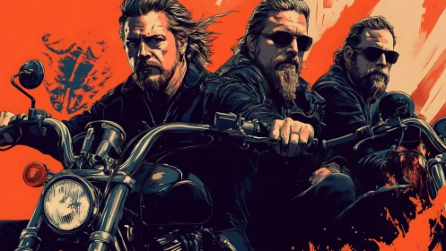 Bearded bikers ride powerful motorcycles against orange sky