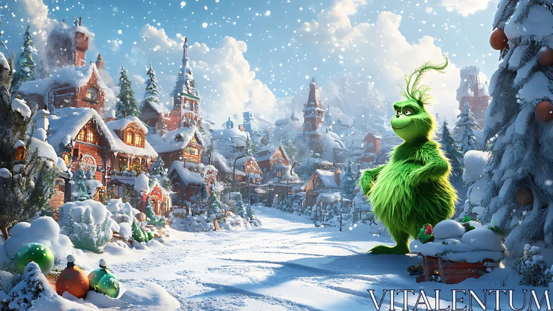 Green furry character in snowy village street scene by day.