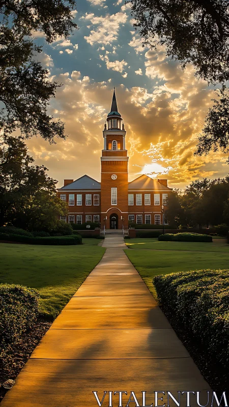 Brick campus hall under golden sunset sky, central tower