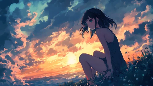 Anime sunset portrait with atmospheric sky gradients and flora.