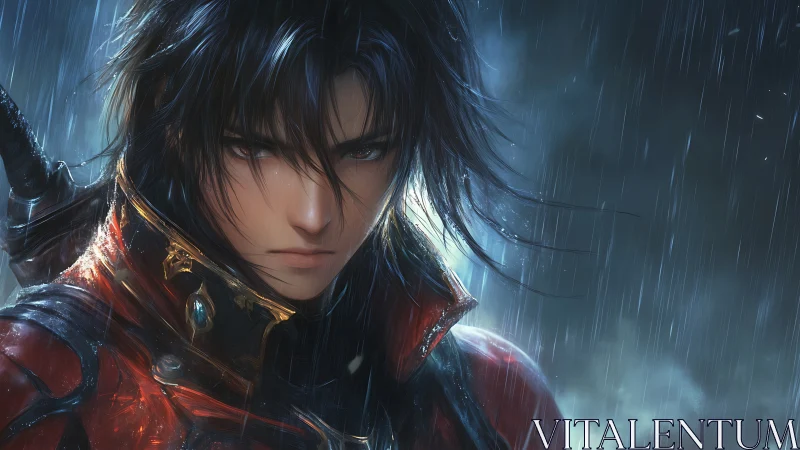Brooding rain-soaked anime warrior in ornate red armor portrait