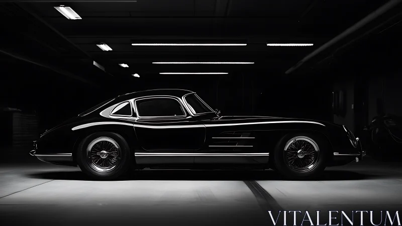 Sleek vintage coupe rests in dramatic monochrome light
