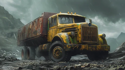 Weathered yellow cargo truck in rugged rainy landscape.