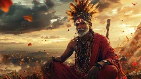 Elderly robed man with headdress in sunset landscape.