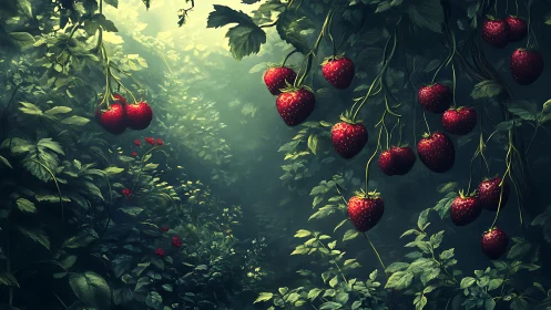 Enchanted strawberry canopy over a twilight forest path.