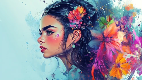 Digital portrait of floral adorned woman in vibrant profile