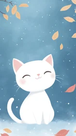 Serene White Cat Amid Falling Autumn Leaves.