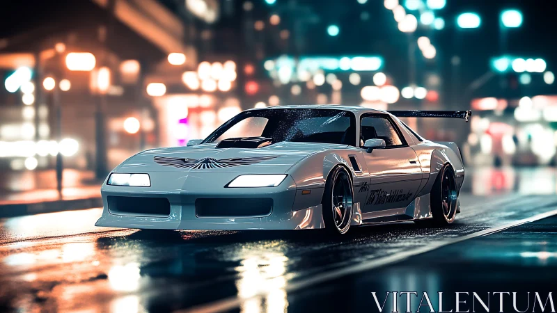 Neon midnight Trans Am slicing through rainlit streets.