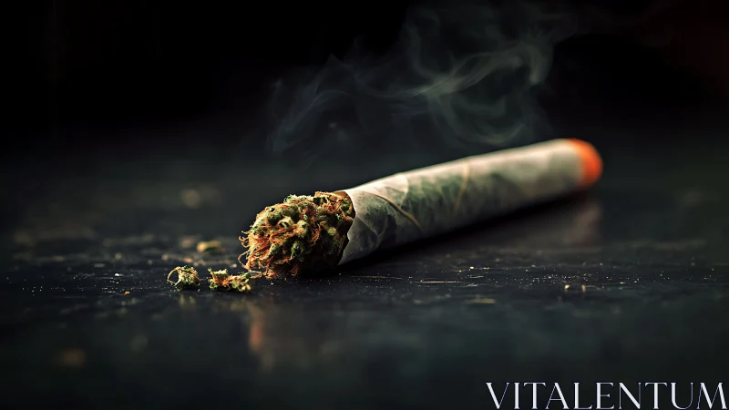 Rolled cannabis joint on dark reflective surface with smoke.