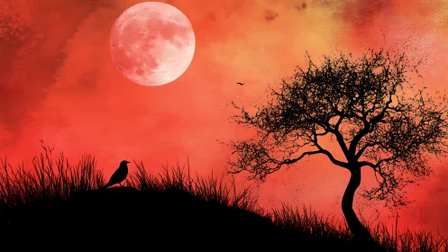 Blood-red moon rises over lone tree and watchful crow.