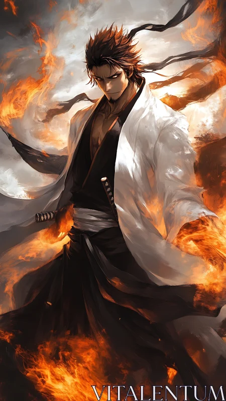 Fire wreathed swordsman in flowing white and black robes.